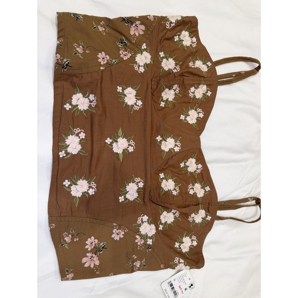 Free People Tank Top Blouse Brown Flowers Size Medium Croptop Elastic - Picture 6 of 10